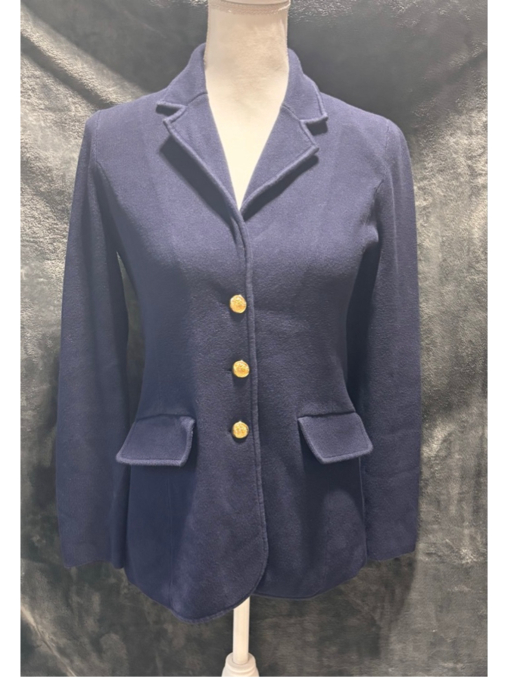 Lauren Ralph Lauren Preppy Navy Blue Knit Gold Crest Button Front Blazer SZ S